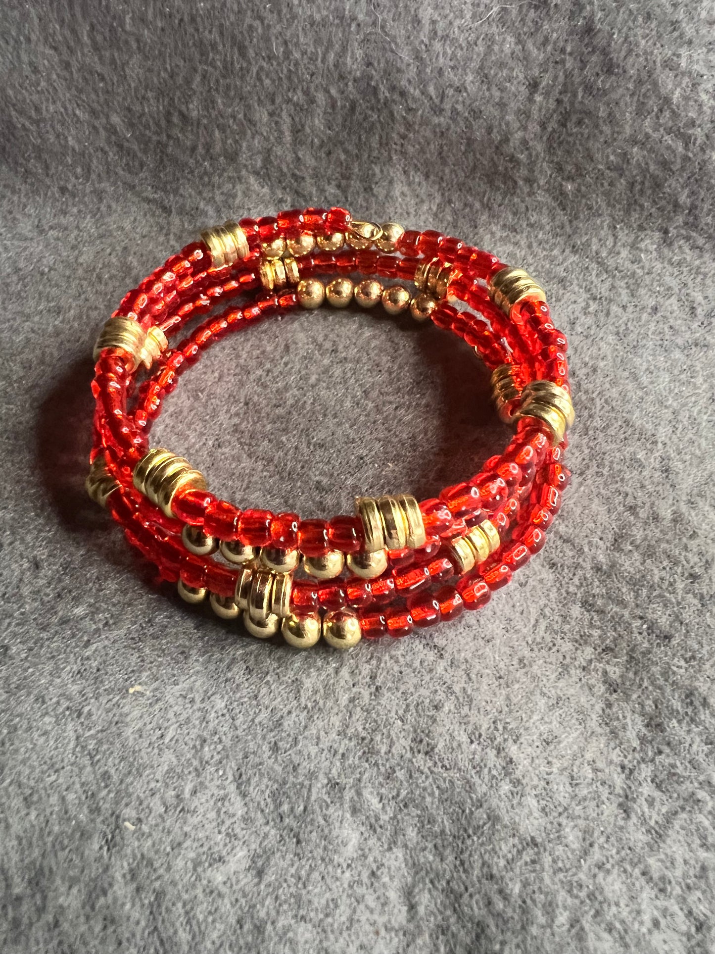 Red Seed and Gold Spacer Beads Memory Wire Bracelete