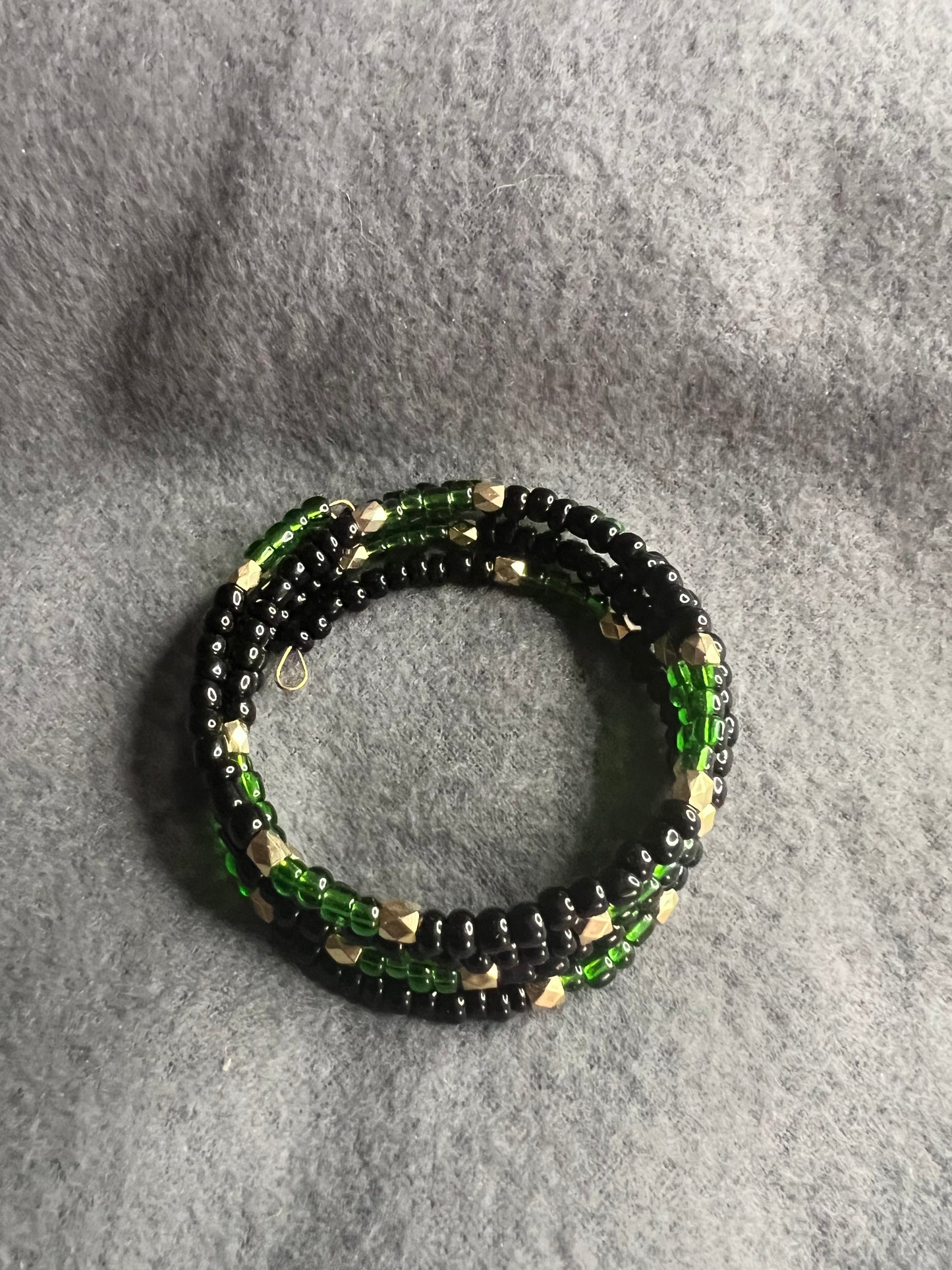 Black & Green Seed and Gold Bead Memory Wire Bracelet