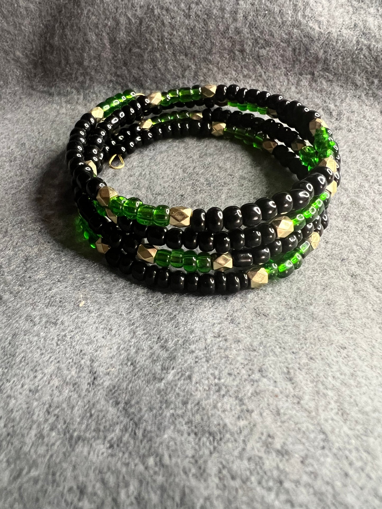 Black & Green Seed and Gold Bead Memory Wire Bracelet