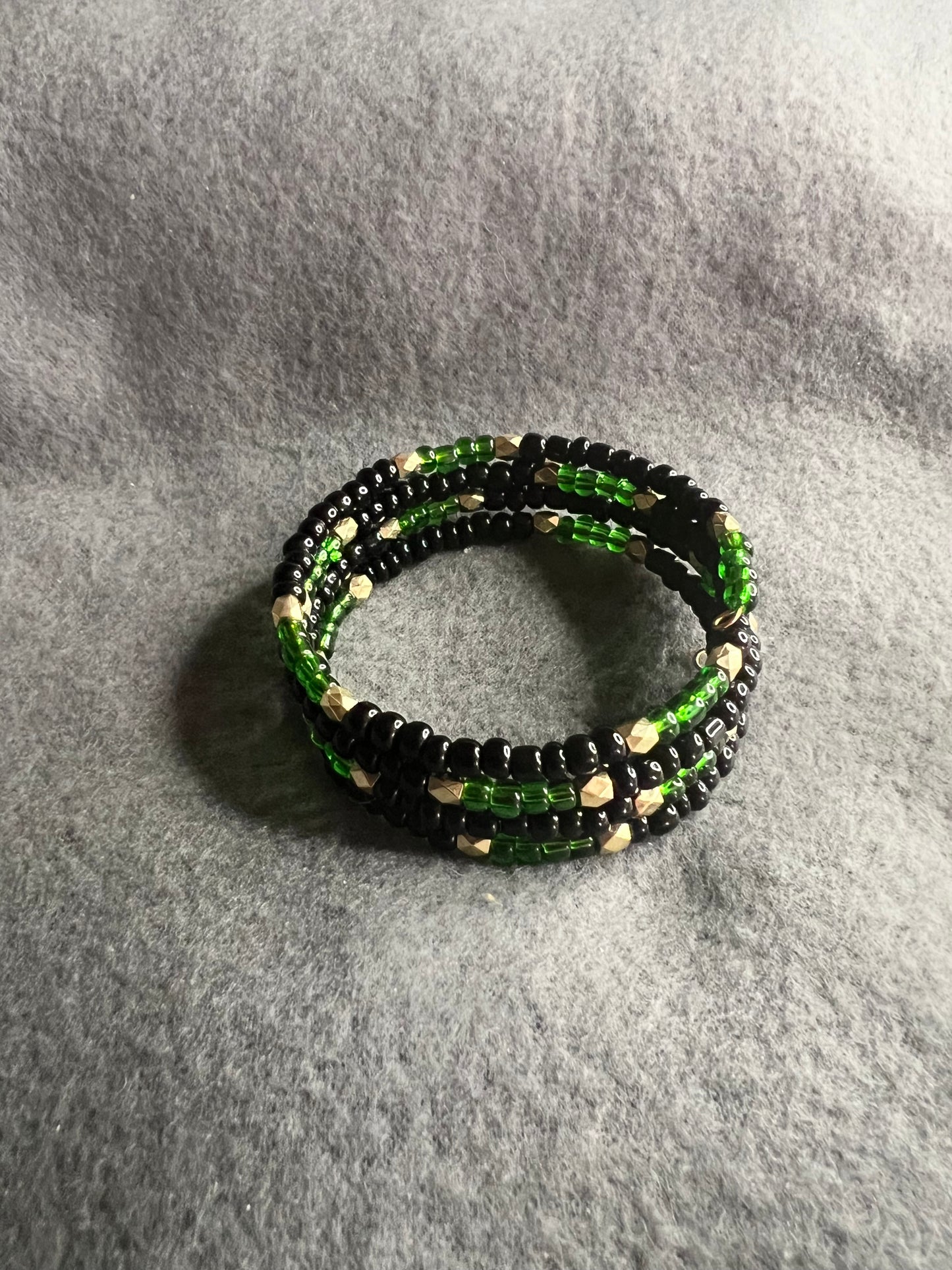 Black & Green Seed and Gold Bead Memory Wire Bracelet