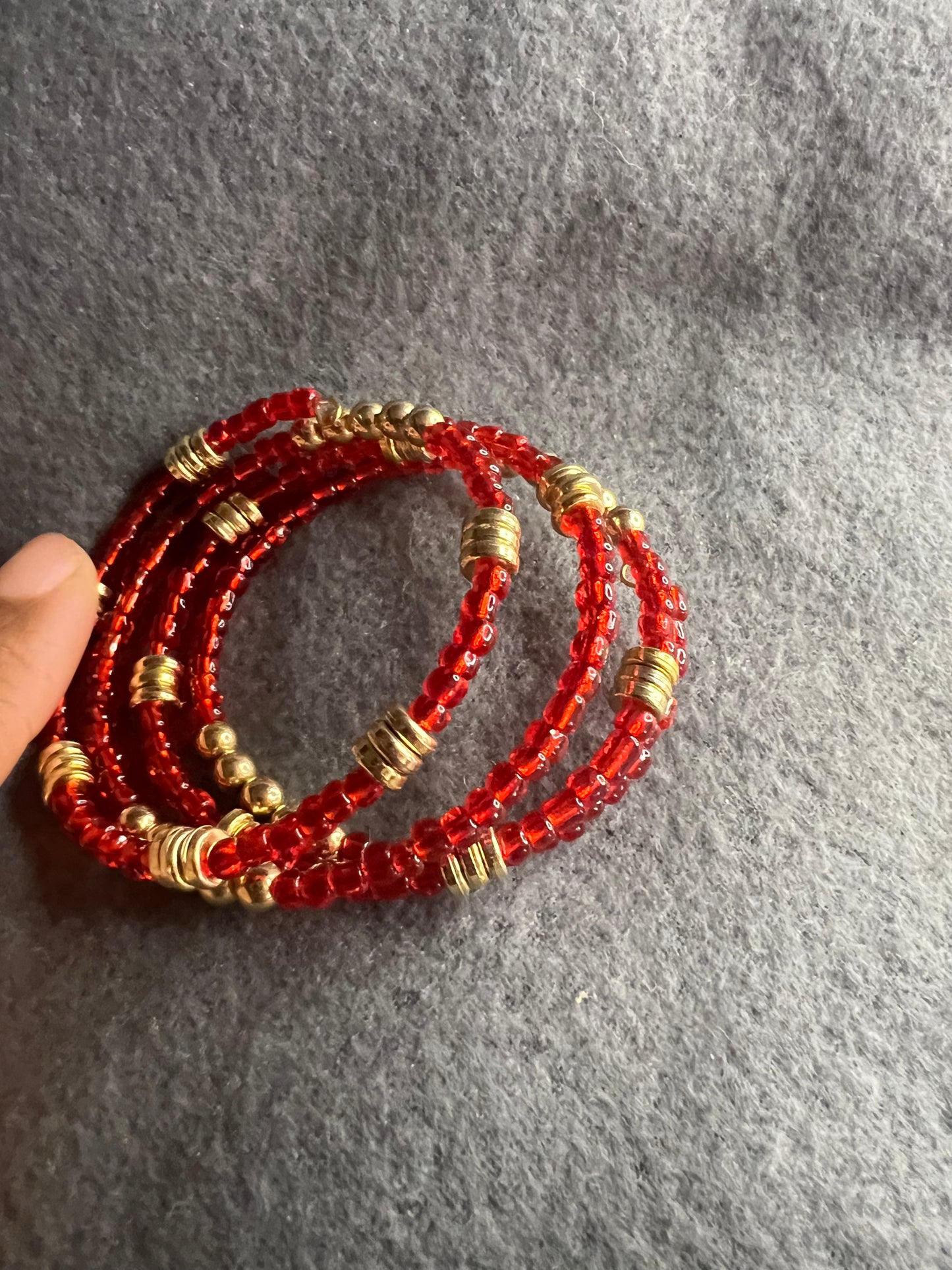 Red Seed and Gold Spacer Beads Memory Wire Bracelete