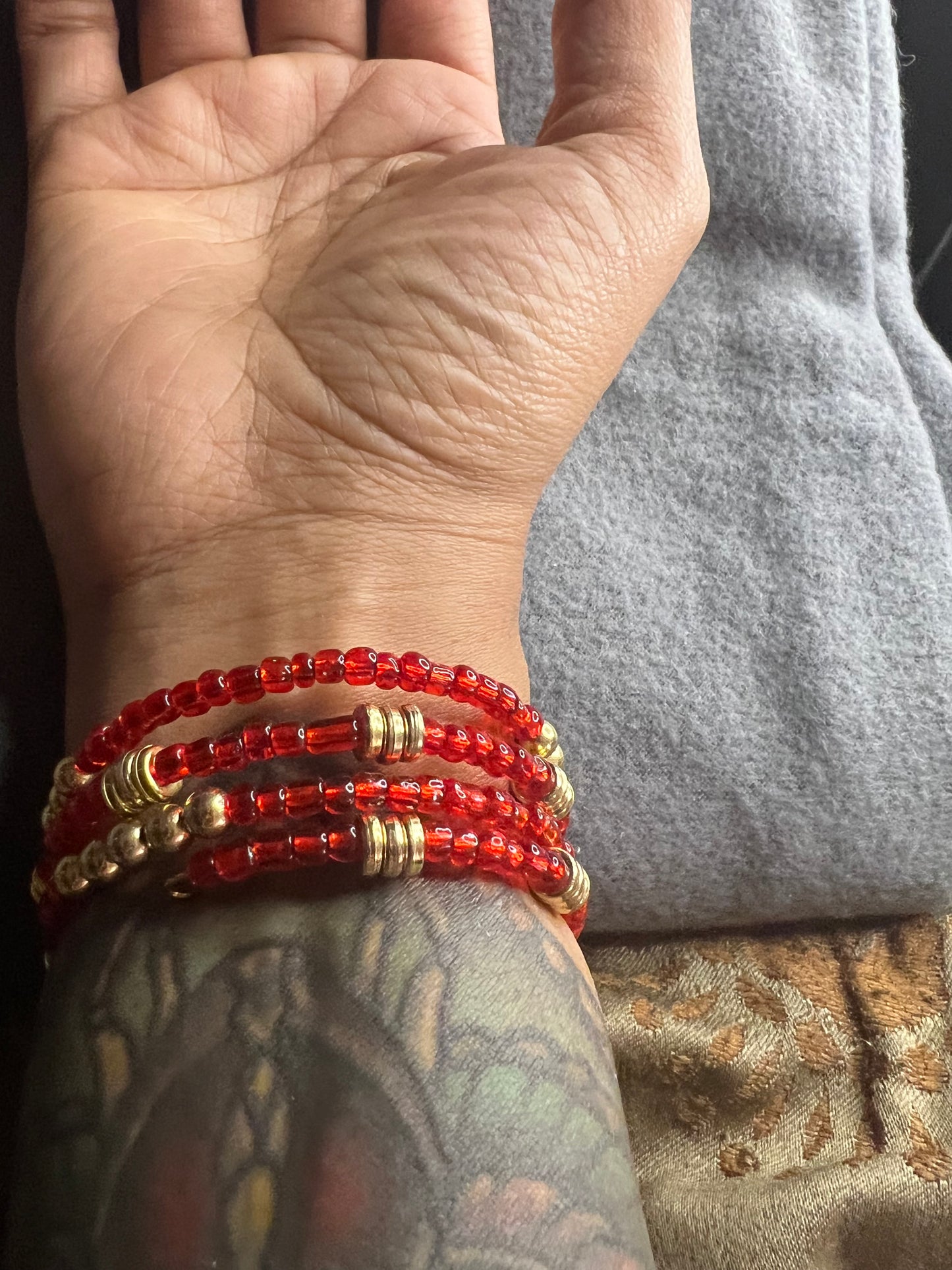 Red Seed and Gold Spacer Beads Memory Wire Bracelete