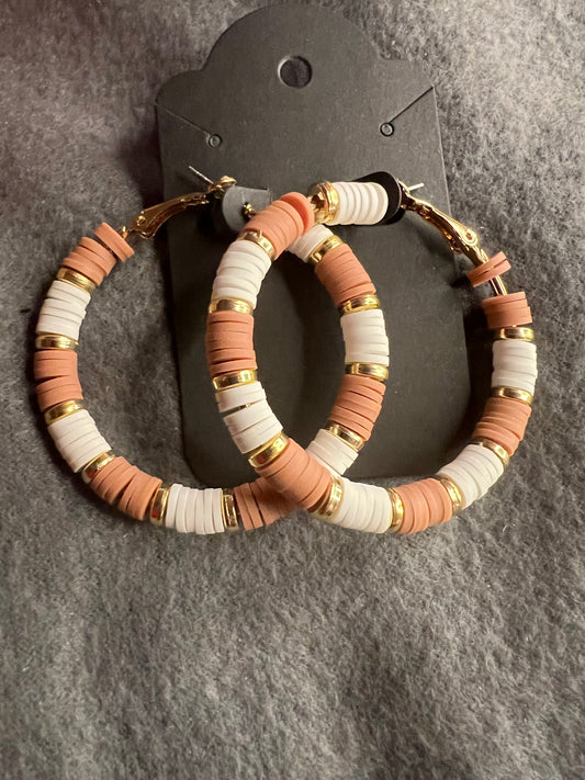 White and Brown Heishi Bead Hoop Earrings