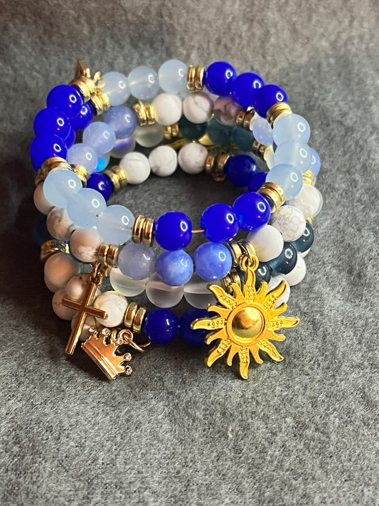 Blue/ gold charm memory wire wrap Bracelet