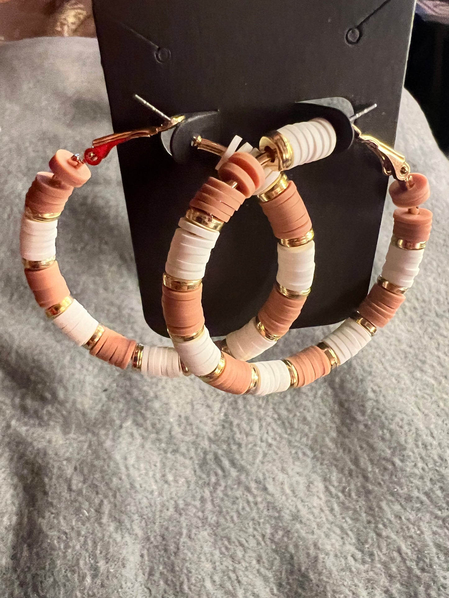 White and Brown Heishi Bead Hoop Earrings