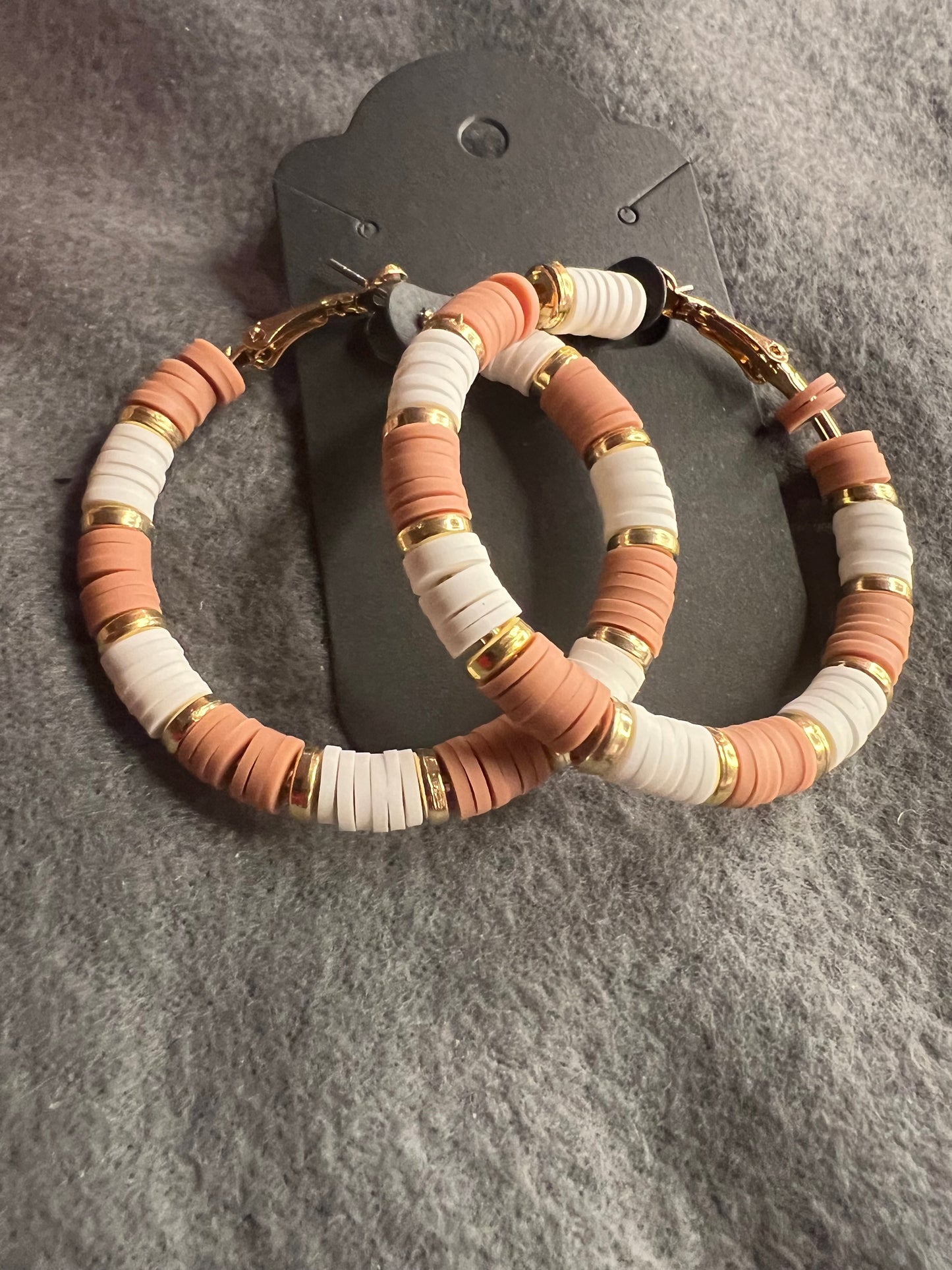 White and Brown Heishi Bead Hoop Earrings