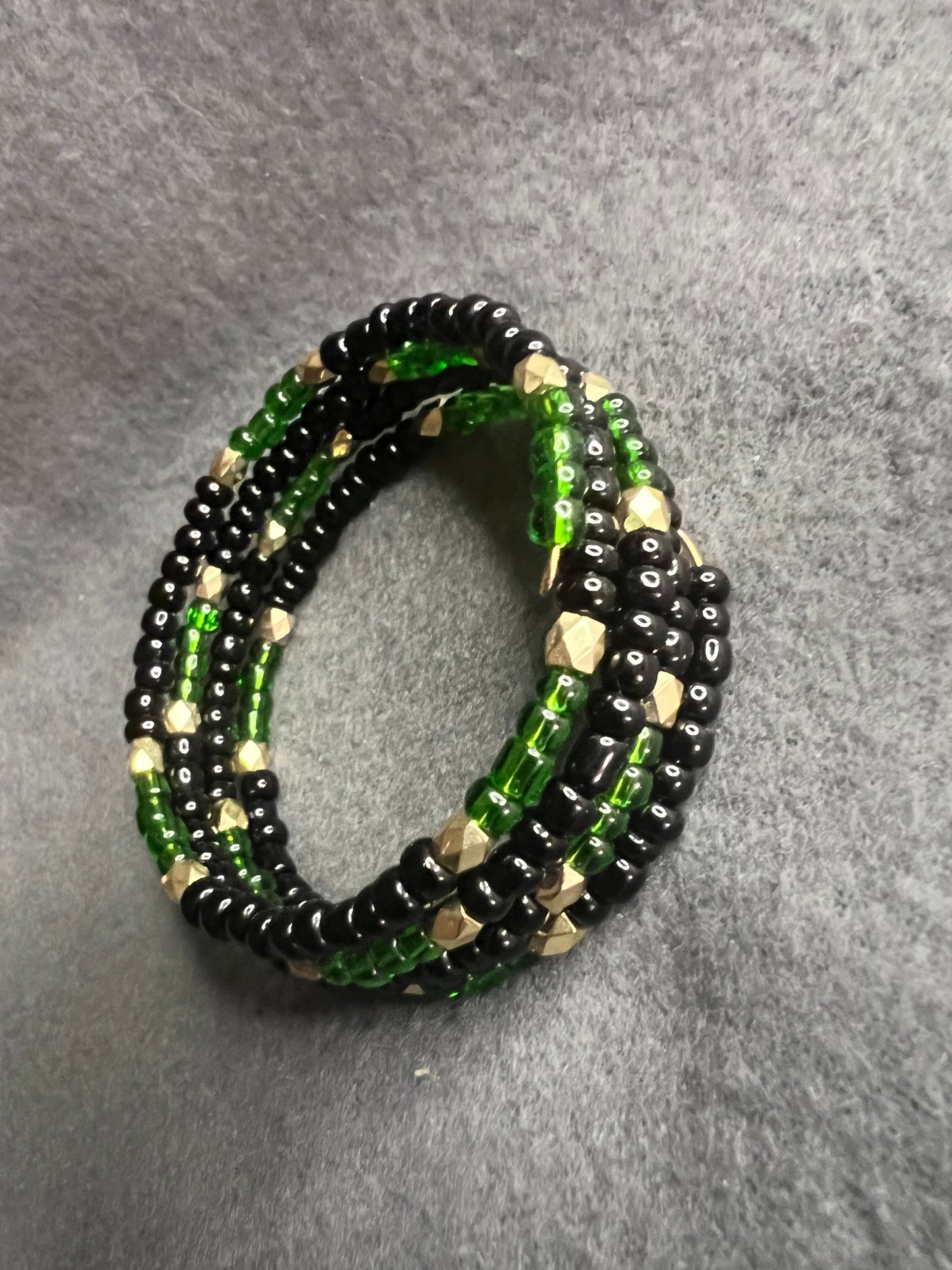 Black & Green Seed and Gold Bead Memory Wire Bracelet