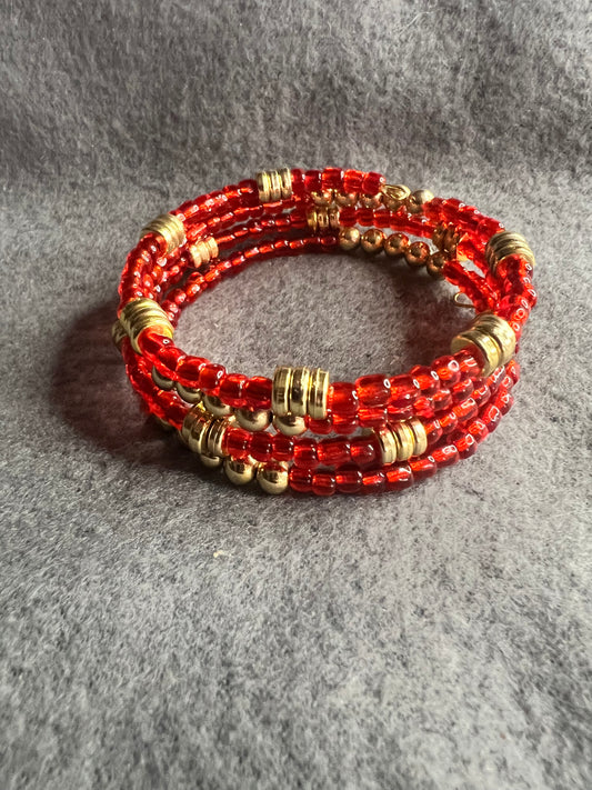 Red Seed and Gold Spacer Beads Memory Wire Bracelete