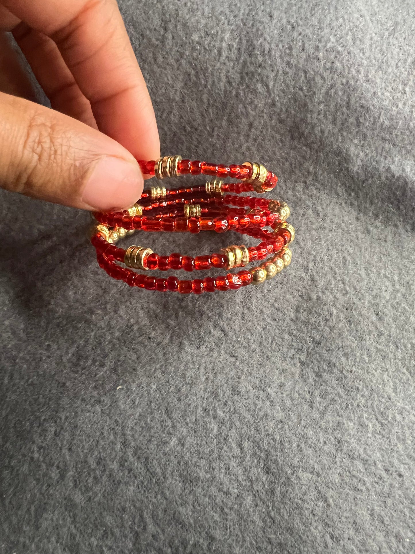 Red Seed and Gold Spacer Beads Memory Wire Bracelete