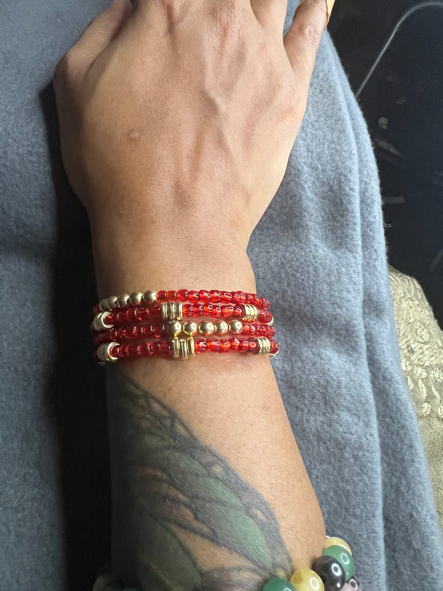 Red Seed and Gold Spacer Beads Memory Wire Bracelete