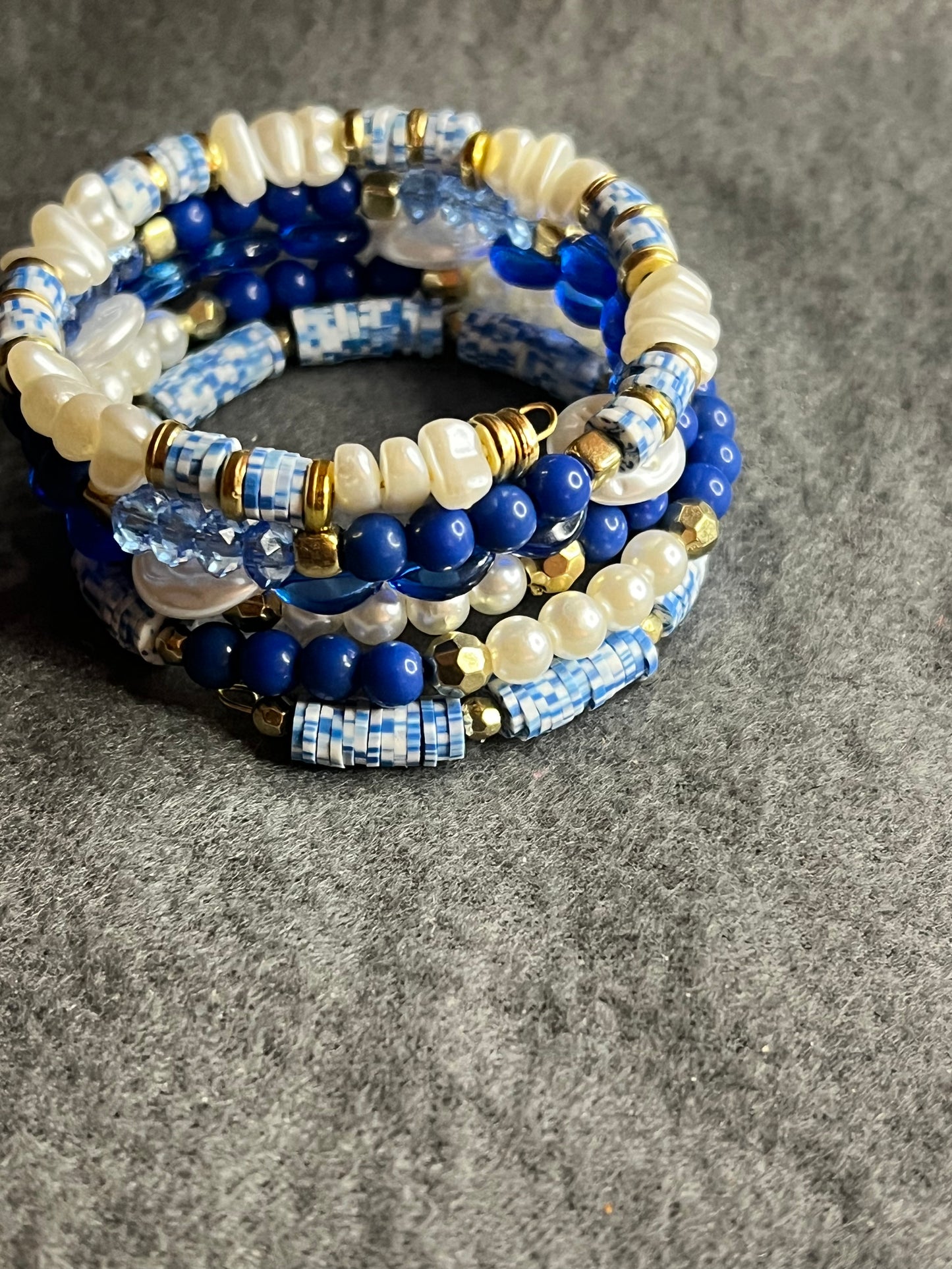 Blue And White Memory Wire Wrap Bracelet